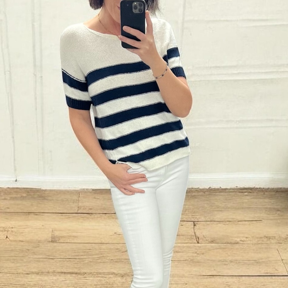 Loro Piana 100% cotton navy blue cream white nautical striped sweater top 46 10